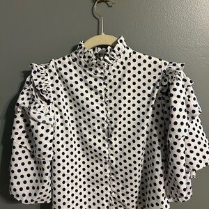 Walter Baker White Navy Polka Dot Ruffle Blouse S